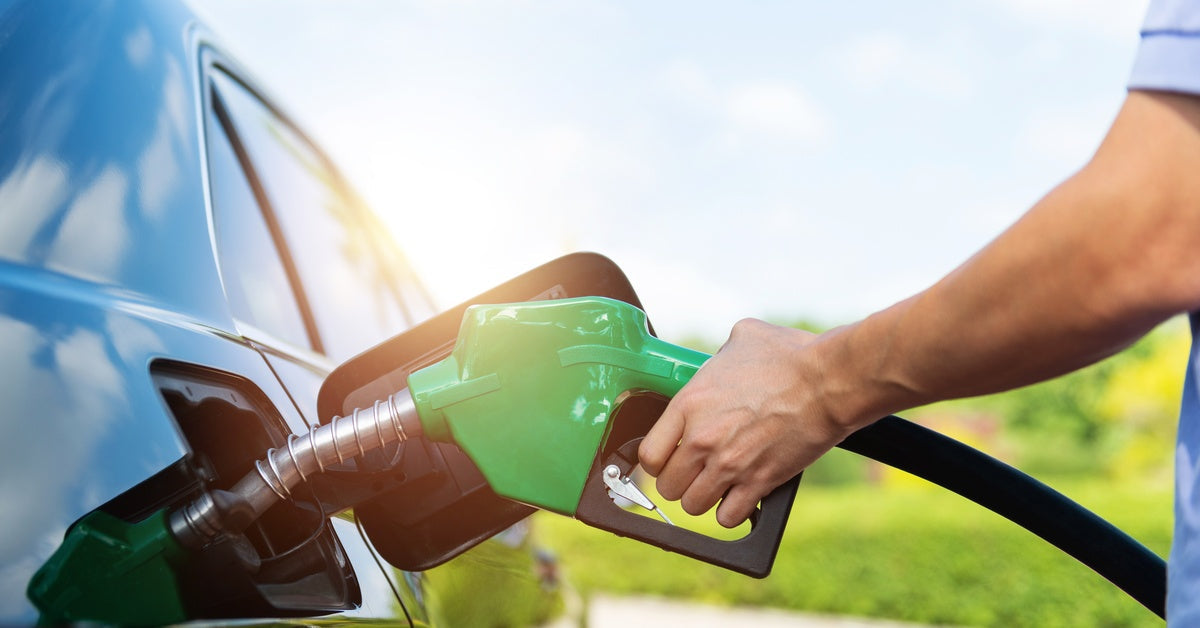 A person is using a green gas nozzle to fill the gas tank of a black car. The sky is reflecting off the car's surface.